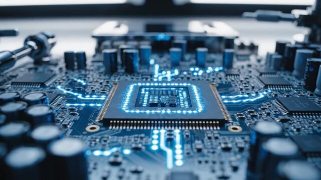 Gleaming Circuit Board With Glowing Processor