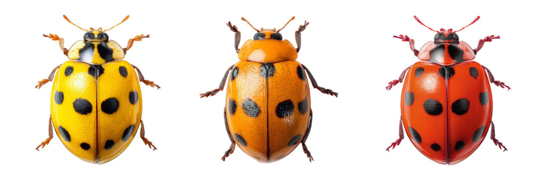 yellow orange red ladybugs isolated on transparent background - design element cut-out object set