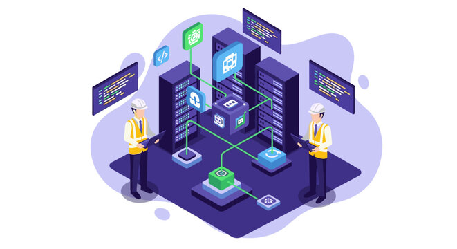 Isometric data center scene with two technicians in safety gear managing server racks, digital nodes, and glowing green data connections on a purple background.