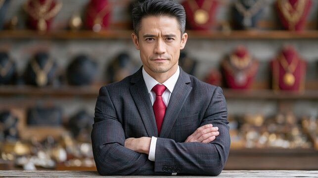 Man in suit before hat wall person wearing formal attire stands before a diverse collection of headwear