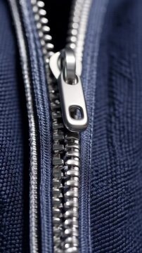 Closeup of a silver zipper on a dark blue fabric background