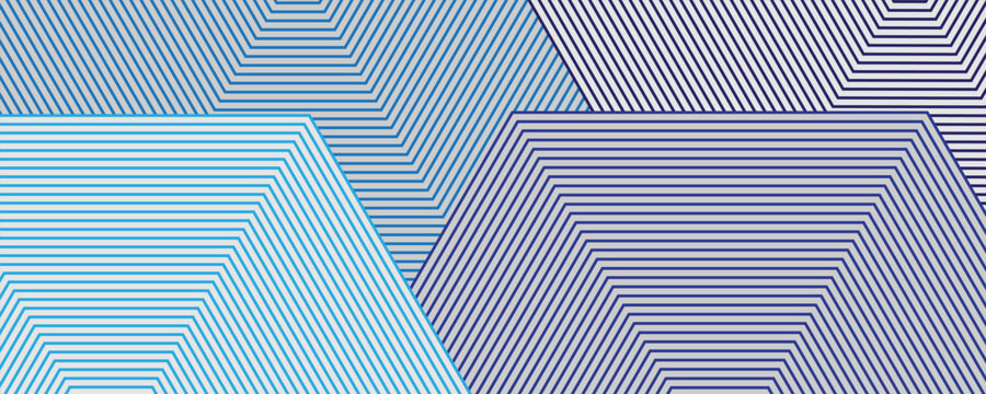 Abstract geometric background with blue striped polygons and concentric lines.