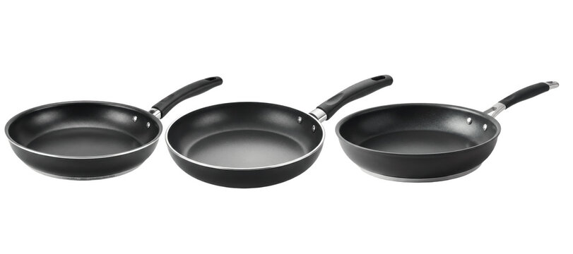 Nonstick frying pan trio with comfortable handles, versatile black skillets for saut&eacute;ing vegetables, frying eggs, searing meats and everyday stovetop cooking


