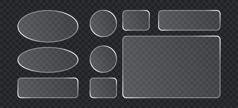 Set of glass buttons and frames with glossy effect, empty transparent ui elements for web design, vector collection of frosted glass shapes with rounded corners