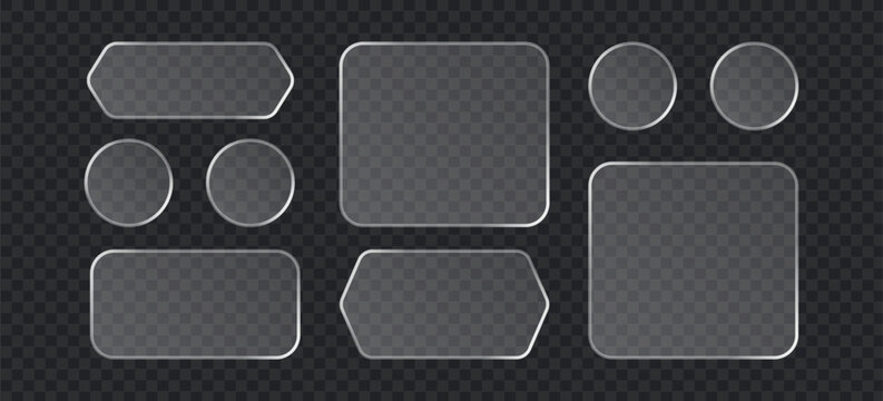 Set of glassmorphism style buttons and frames, transparent frosted glass ui elements with glossy borders, vector shapes for web design, app interface, and digital banners