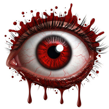 Human eye with red iris and dripping splatter isolated on a transparent background