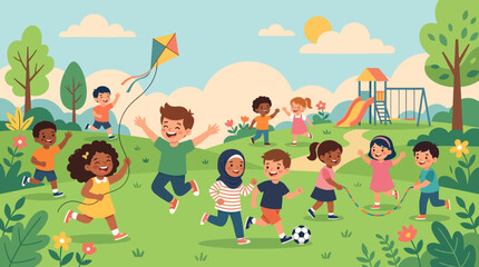 Naklejka premium Children play outside in a park on a sunny day with a kite and ball