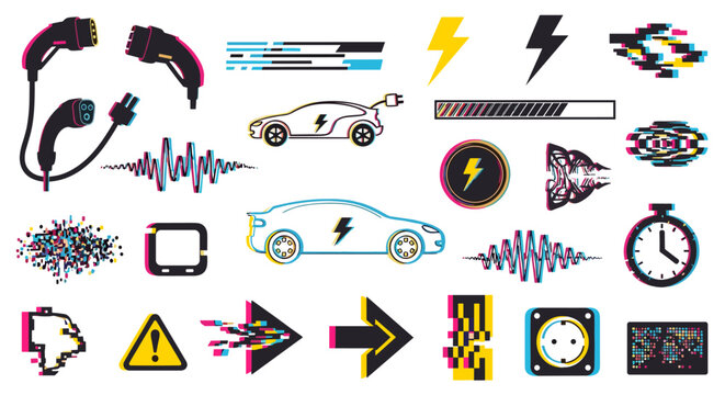 An assortment of electric vehicle charging icons featuring a modern glitch aesthetic with vibrant cyan and magenta chromatic aberration effects on a clean white background.