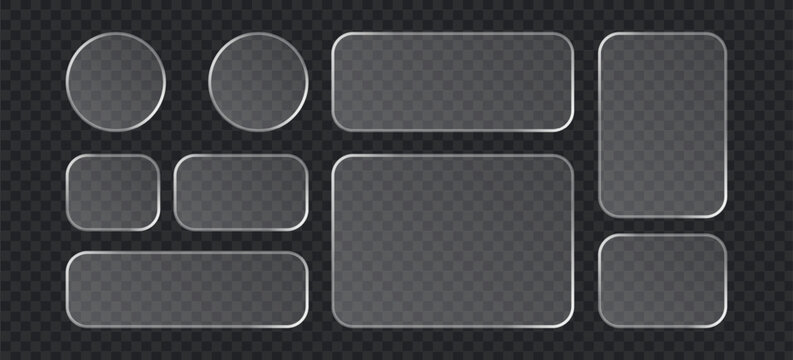 Set of glassmorphism buttons and banners, frosted glass effect frames, transparent ui elements, glossy rounded rectangles and circles, vector design