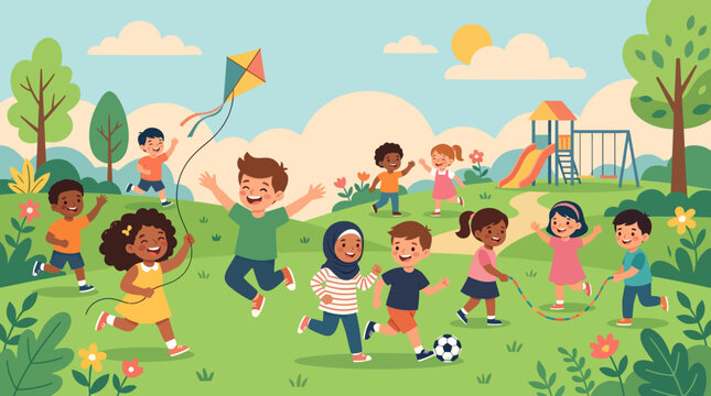 Children play outside in a park on a sunny day with a kite and ball