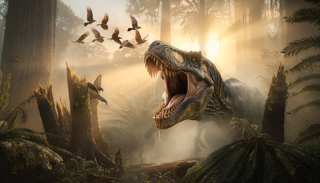 Prehistoric dinosaur roaring in dense ancient rainforest at sunrise, surrounded by mist, lush vegetation and dramatic cinematic lighting, ultra-realistic wildlife scene.