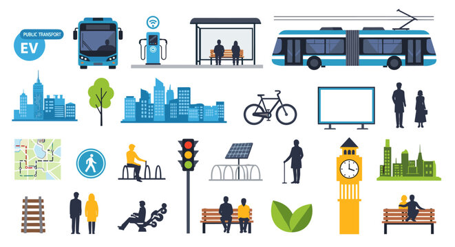 Urban public transportation city transit and municipal infrastructure icons showcasing commuters transit hubs and street elements on a soft muted backdrop.