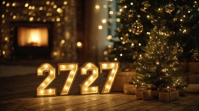Illuminated marquee numbers display the year two thousand seven hundred twenty seven near a decorated evergreen tree and fireplace