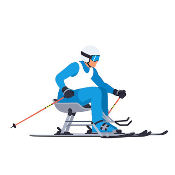Vector illustration of an adaptive athlete participating in sit-skiing, wearing a blue and white suit, white helmet, and blue goggles while holding outriggers on a white background