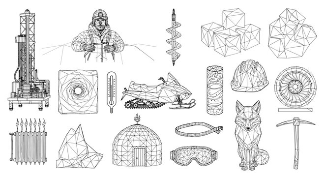 A collection of intricate wireframe geometric icons illustrating arctic exploration gear, research equipment, polar wildlife, and climate monitoring tools for scientific data prese