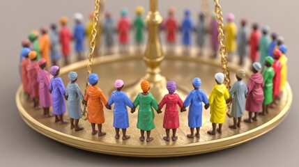 Obraz premium Diverse figures stand united in a circle upon the pan of a justice scale