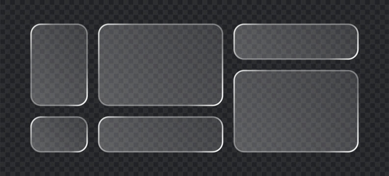Set of glassmorphism style ui elements, frosted glass rectangles with rounded corners, translucent panels for user interface design, web buttons and containers