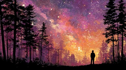 Fototapeta premium Person stands among trees under a colorful night sky