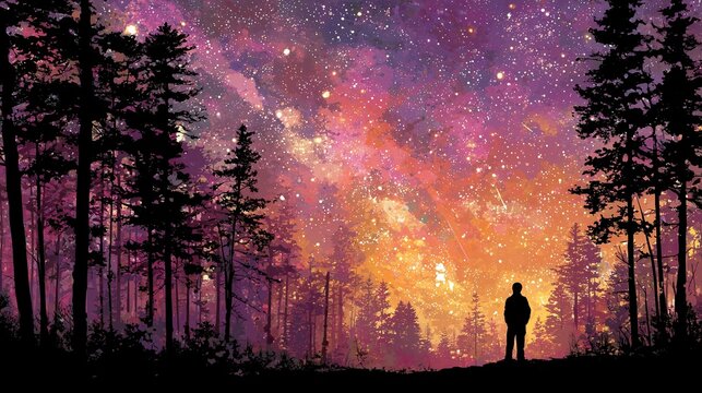 Person stands among trees under a colorful night sky