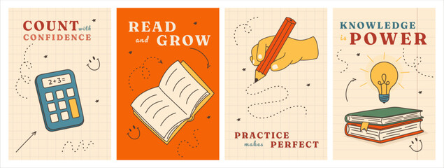 A collection of educational posters with school supplies and inspirational quotes. Vector illustration with a calculator, book, hand holding a pencil, and light bulb for classroom decoration. © Наталья Косаревич