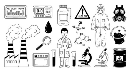Fototapeta premium A series of black line art icons illustrating laboratory equipment, chemical formulas, factory smoke, protective suits, and hazardous material barrels on a white background.