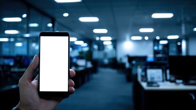 Person holding a mobile device with blank screen in a dimly lit modern workplace