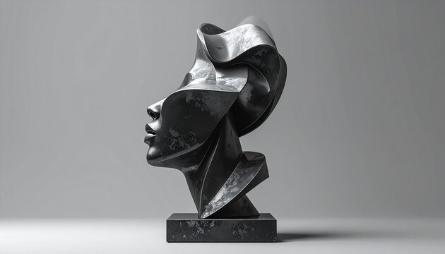 modern abstract sculpture of human figure in dynamic pose on pedestal