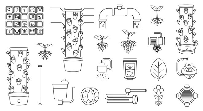 Line art depictions of hydroponic and aeroponic vertical farming systems, showcasing cultivation towers, irrigation pipes, pumps, and plant growth stages on a white background.