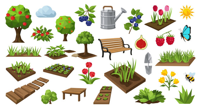An isometric illustration of a lush garden scene with fruit trees, berry bushes, tulips, a watering can, a wooden bench, and garden beds, set against a white background.