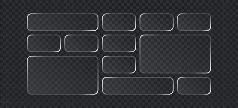 Set of glassmorphism style buttons, transparent rectangular frames with soft glow and rounded corners, ui elements for web design, vector illustration