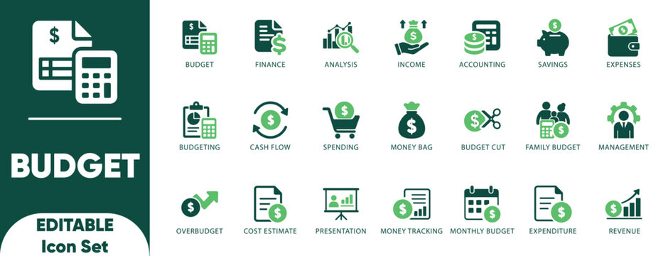Budget icon set. money management, cash flow, savings, income, illustration, set, and solid icons. 