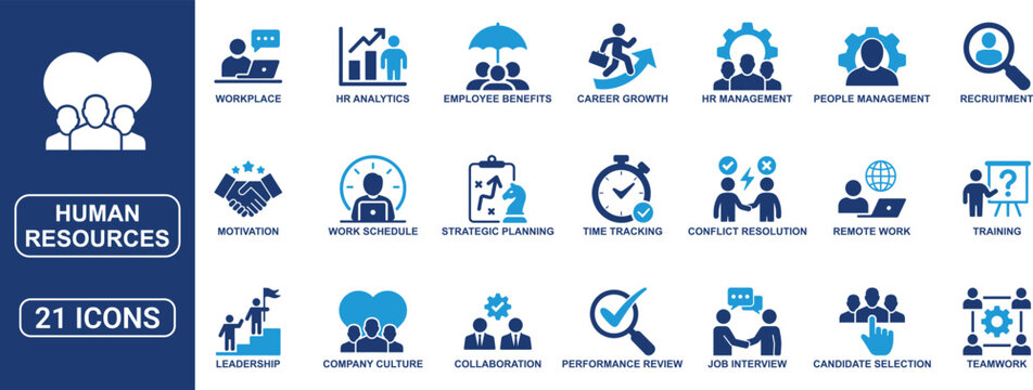 Human Resources Solid Icon Set Featuring Recruitment, HR Management, Teamwork, Collaboration, Performance Review, Employee Benefits, Career Growth, Workplace, Training and People Management Icons