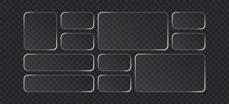 Set of glassmorphism style frames, transparent ui elements with frosted glass effect, rounded rectangular buttons and banners for web design, vector illustration