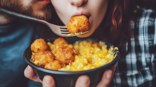 Person eating crispy tater tots with cheesy macaroni from bowl macaroni and cheese comfort food