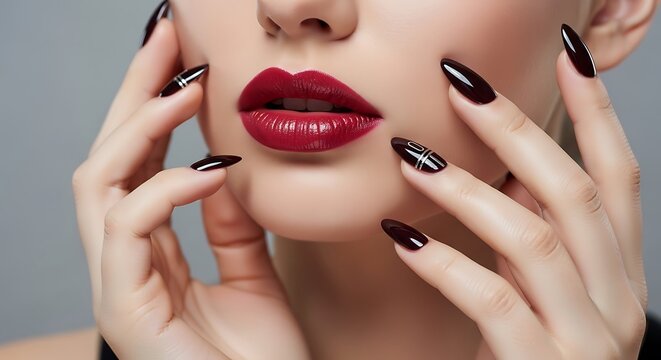 Young woman with beautiful lips and stylish manicure on grey background, closeup
