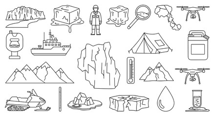 Fototapeta premium A collection of crisp black and white line art icons illustrating arctic research environments, polar exploration tools, glacial formations, and scientific equipment on white.