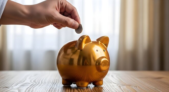 putting a one coin in a golden piggy bank
