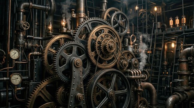 Intricate steampunk machinery with gears and pipes, a detailed industrial fantasy scene.