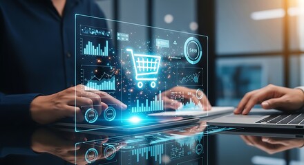 Fototapeta premium Business analytics dashboard with shopping cart icon and financial charts, representing e-commerce growth and data analysis in a modern office setting.