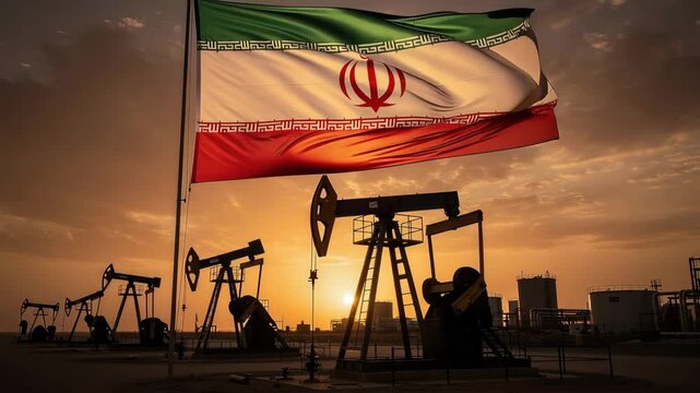 Vast oil field at sunset with multiple pumpjacks and Iranian flag in the background