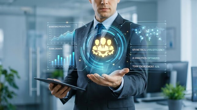 Businessman analyzes team performance and global growth with futuristic holographic interface showcasing KPIs, workforce productivity, and AI analytics.