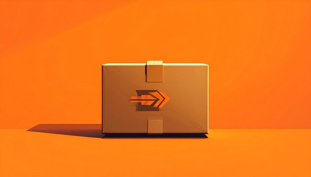 cardboard delivery box with fast shipping icon on vibrant orange gradient background