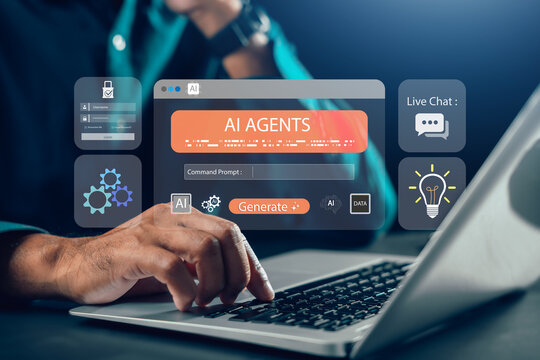Ai agent platform utilizes command prompt generation system, artificial intelligence technology for business automation digital innovation, person uses laptop for data and live chat support