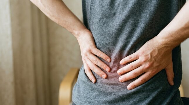 Close up of hands on lower back showing inflammation