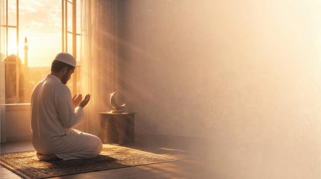 Man praying on a mat in a mosque at sunrise with sunbeams streaming through window