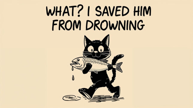 A humorous illustration of a black cat walking while holding a fish in its paws. 