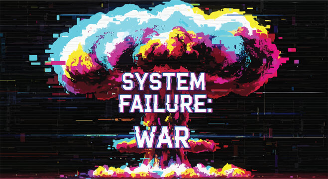 Glitchy explosion, system failure, war concept, futuristic error, digital chaos