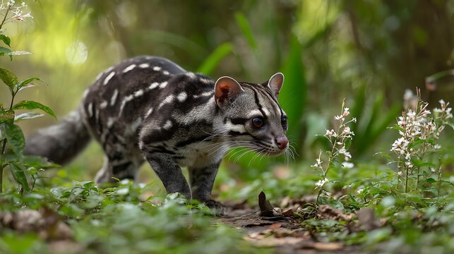 Spotted civet cat walking on a forest path a wild animal in its natural habitat with lush green foliage and soft bokeh background
