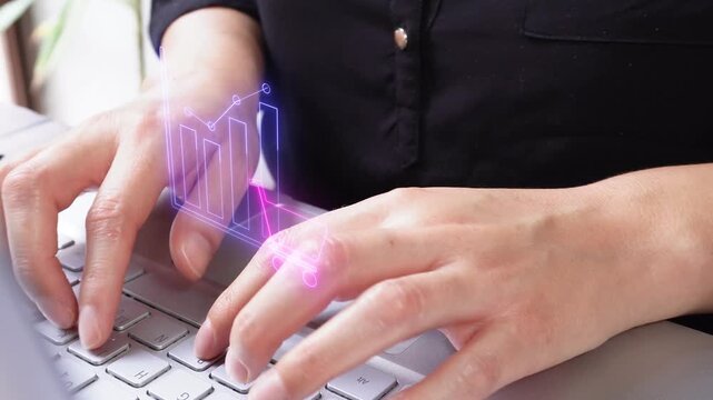 Sales and consumption indicators. Detail of female hands typing on a laptop with a virtual icon of a shopping cart graph.