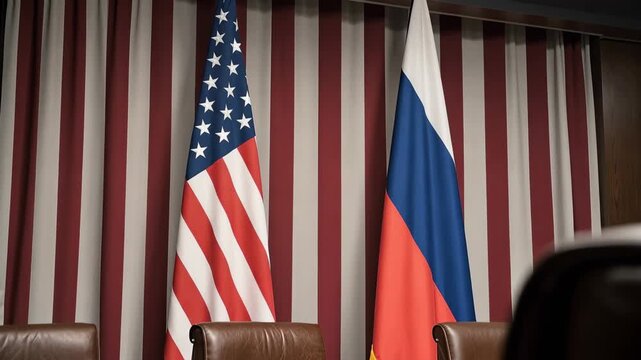 Tense diplomatic meeting room with empty leather chairs and American and Russian flags